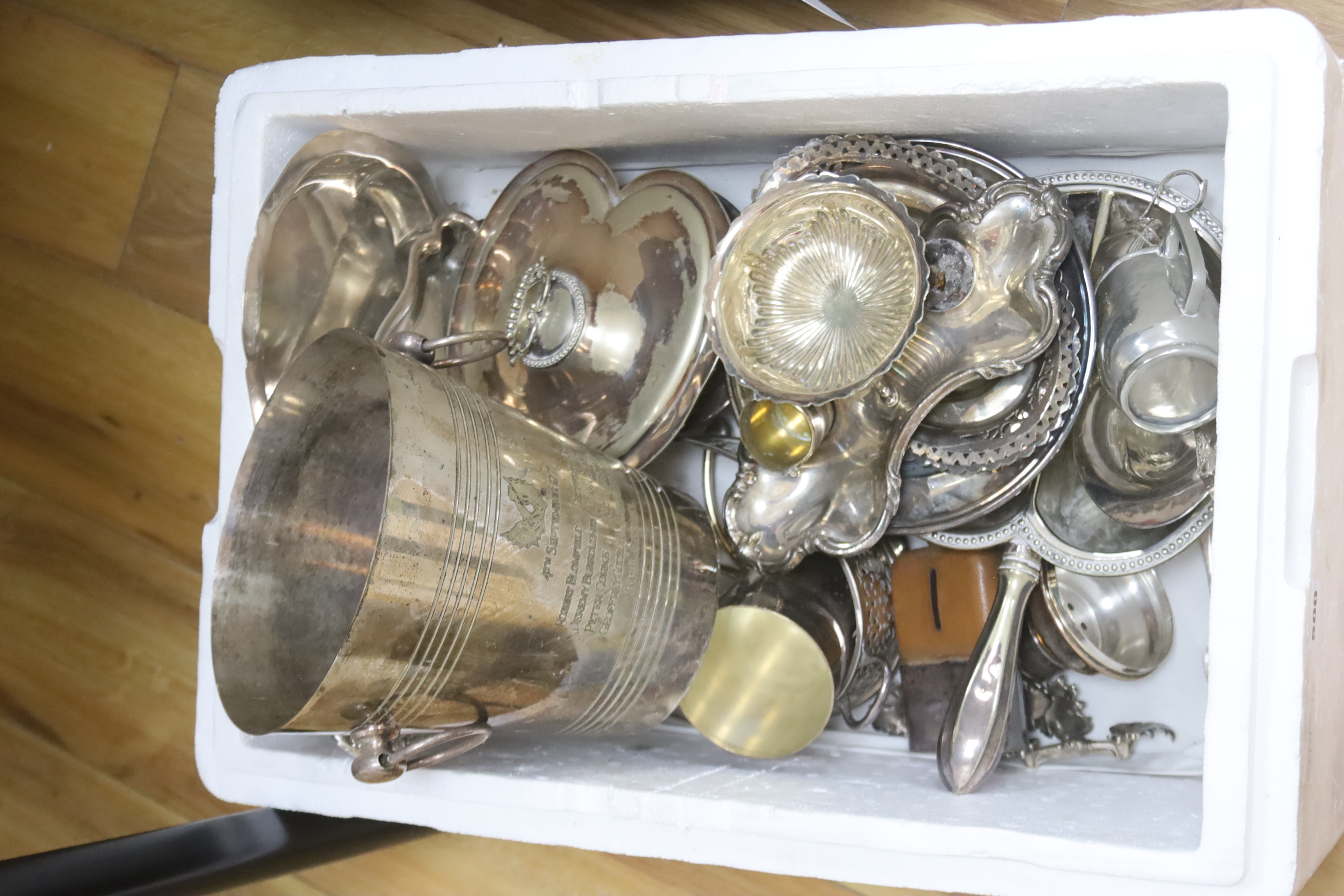 Mixed plated wares including ice bucket and heart shaped vegetable dish and cover